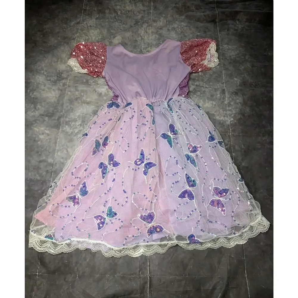 Sequin Butterflies Purple Princess Dress Halloween Costume Cosplay Girls M 5-6